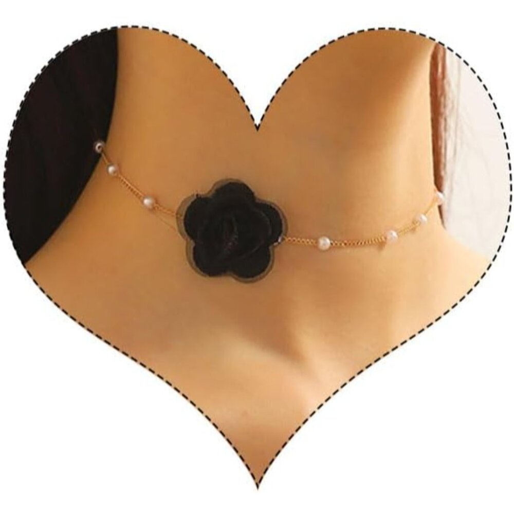 Elegant Black Flower Pearl Choker Necklace